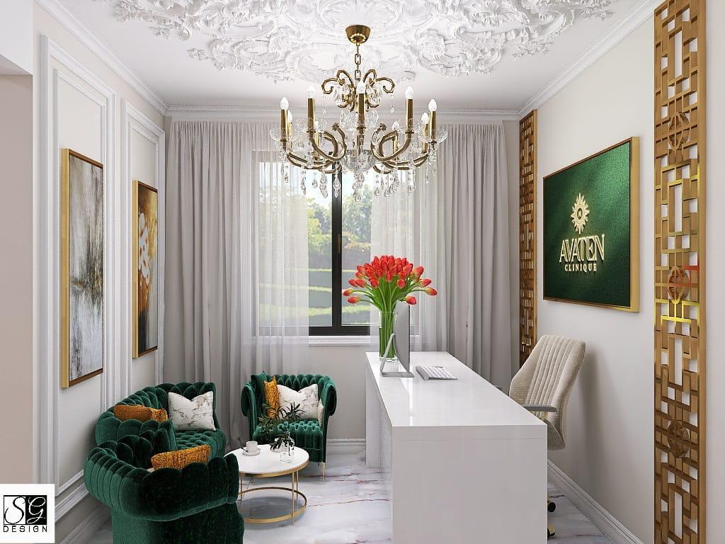 Recepție elegantă Avaten Clinique – interior de lux cu fotolii verzi și candelabru din cristal