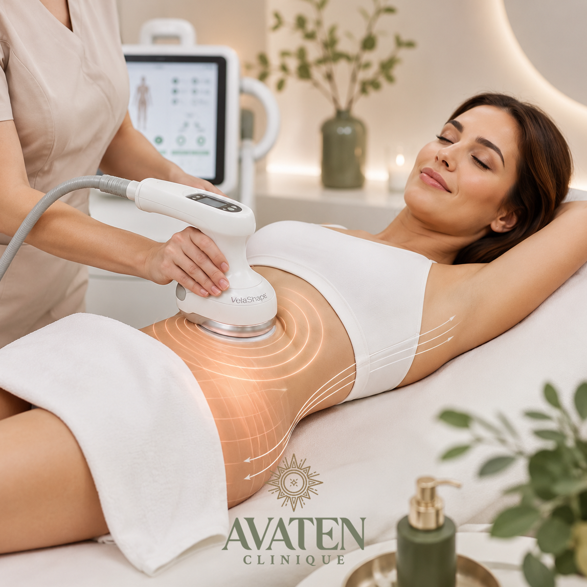 Tratament VelaShape 3 pentru remodelare corporală și reducerea celulitei pe abdomen la Avaten Clinique, estetica corporala.